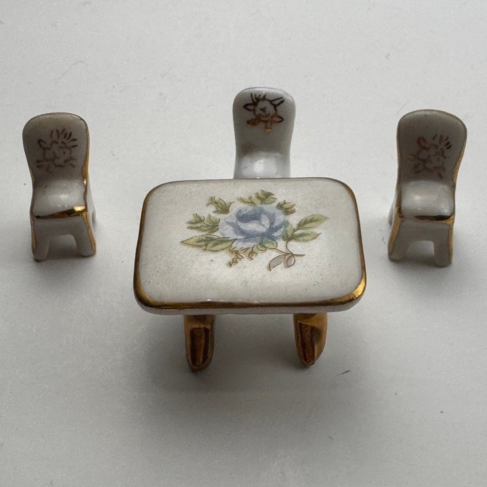 Vintage Miniature Porcelain Table and Chairs Set Blue Rose Gold Trim 4 Piece
